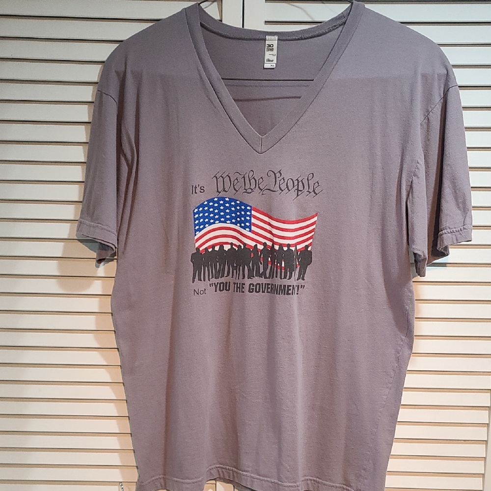 We The People - Grey V-Neck Tee with American Flag Graphic PTP 23